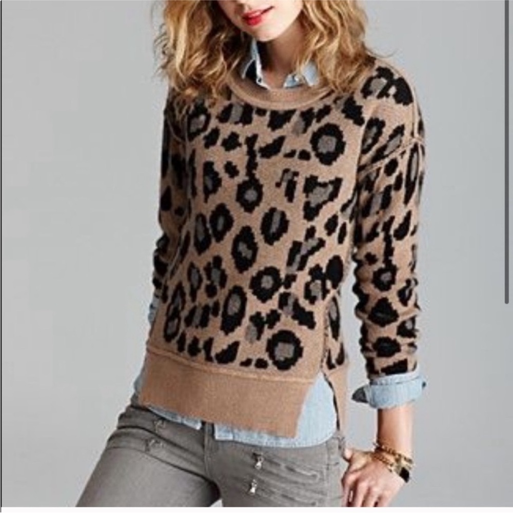 AQUA Cashmere Leopard Print Sweater 100% Cashmere Neutral Animal Print L